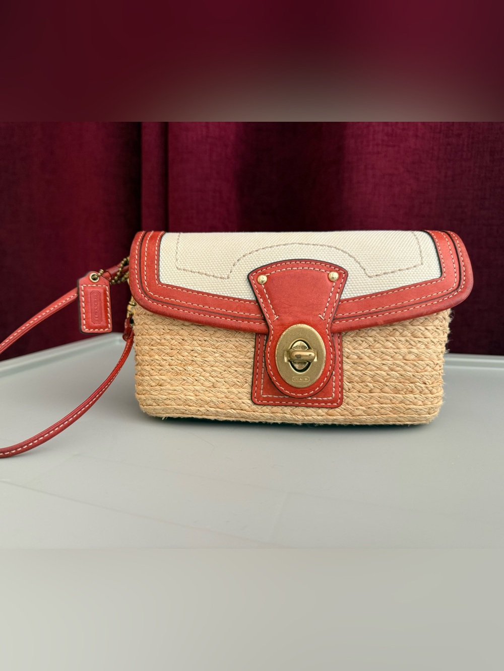 Coach Woven turnkock wristlet in Red /orange & Cream